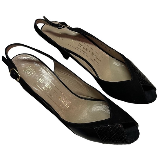 Bruno Magli Womens Size 6.5 Black Suede Peep Toe Slingback Kitten - Picture 1 of 10